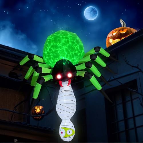 Inflatable Spider with Mummy & Green LED Light - 7FT Halloween Outdoor Decor