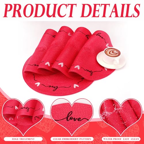 Valentine Heart Placemats Set of 6 - Red Love Design, Waterproof Table Mats, 13.4 Inch