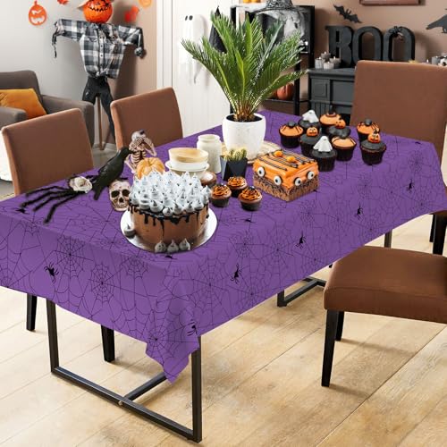 Purple Halloween Spider Web Tablecloths - 2 Pcs Disposable Rectangular Cover, 108 x 54 Inches
