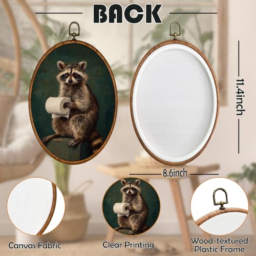 Funny Raccoon Wall Art - Toilet Paper Bath Oval Canvas Decor 8.6x11.4 inches - Raccoon Variation