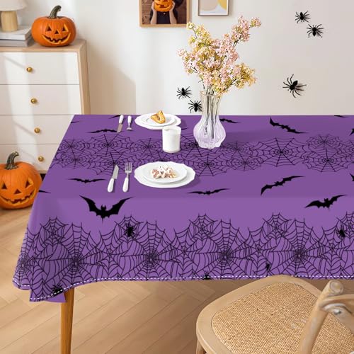 Purple Halloween Spider Web Bat Tablecloth 60x120 Inches Washable Polyester Decor
