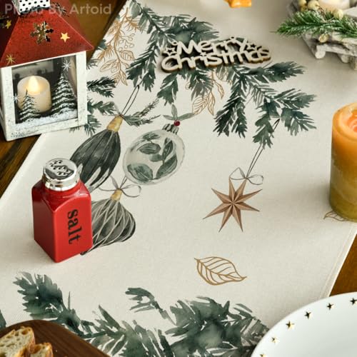 Xmas Balls Leaves Table Runner 13x36 Inch Home Party Decor Beige