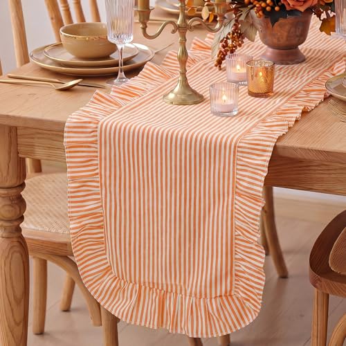 Ruffled Table Runner - Vertical Stripe Orange Cotton Farmhouse Decor
