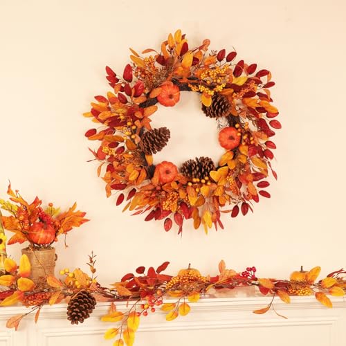 26 Inch Fall Wreath with Lights & Timer for Front Door - Autumn Pumpkin, Eucalyptus, Pinecones