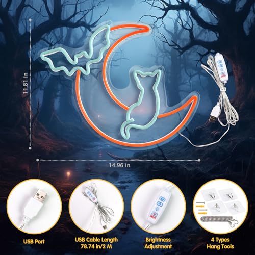 Halloween Neon Sign Wall Decor - Moon Bat Cat Theme, Adjustable Brightness - Style A