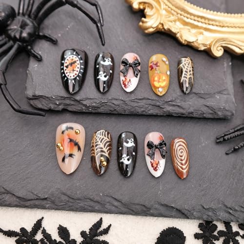 Halloween Press On Nails Medium Almond Ghost Bat Gothic Fake Nails - Variation 3