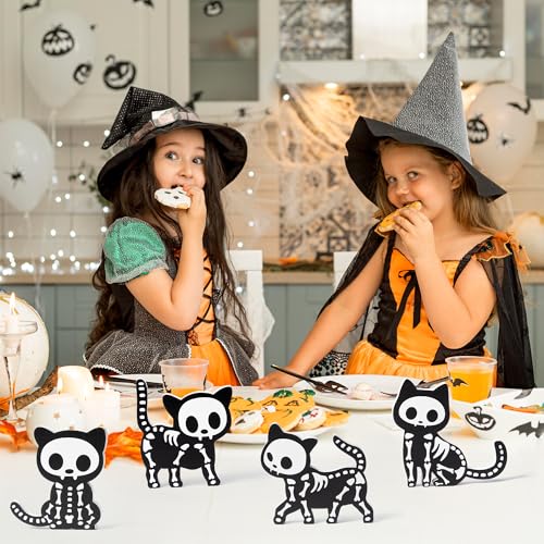 Halloween Skeleton Cat Wooden Figurines Set - Spooky Indoor Decor, 4 Pieces