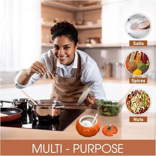 Ceramic Salt Cellar with Lid & Spoon - 10 OZ Orange Salt Box for Countertop