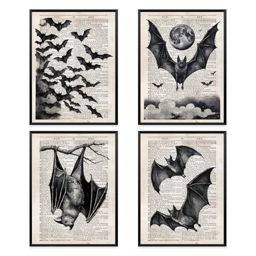 Dark Academia Gothic Bat Wall Art Decor Set of 4 - 12x16 Inches - Unframed A.bat Variation