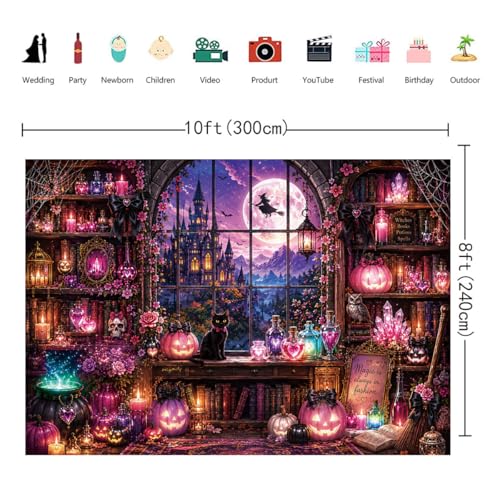Halloween Witch Library Backdrop - 10x8FT Spooky Gothic Party Decoration