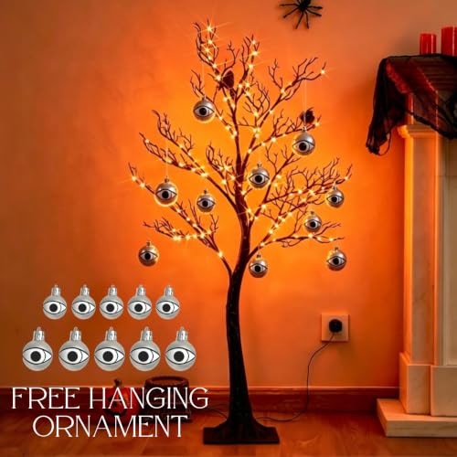 Lighted Halloween Tree with 150 Orange Fairy Lights, 4FT Spooky Black Indoor Outdoor Decor