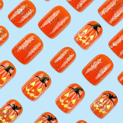 Halloween Pumpkin Press-On Nails Style-06 - Orange Glitter Fake Nails 24Pcs