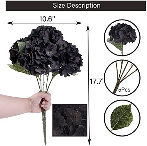 Artificial Hydrangea Flowers Bouquet - 20 Inches Black Silk Blooms, Full Stems, Realistic Decor