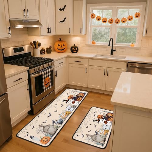 Beige 2-Piece Halloween Kitchen Rugs Set - Bat & Pumpkin Non-Slip Washable Floor Mats