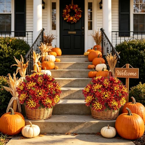 2PCS Fall Artificial Mums for Cemetery & Outdoor Decor - Orange