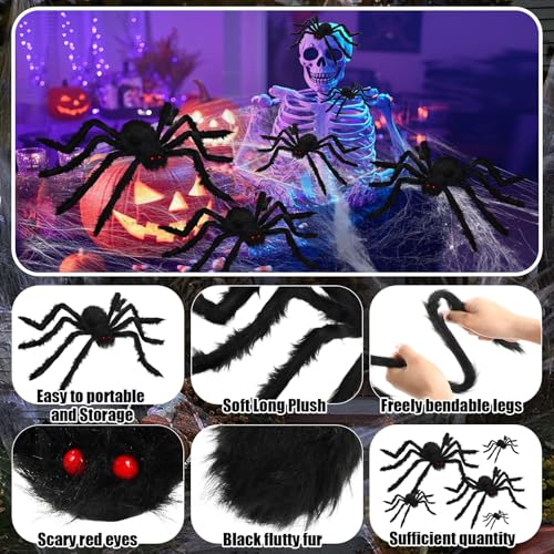 Giant Halloween Spider Decorations Set - 10 Black Plush Spiders with Red Eyes for Outdoor & Indoor Haunted Decor