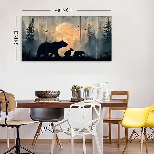 48 Inch Rustic Bear Wall Art - Farmhouse Forest Canvas Painting, Black Beers Variation