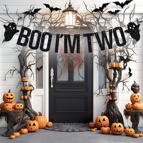 Two Boo I'm Two Banner Halloween Birthday Decorations - Black Glitter