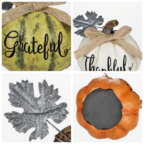 Fall Pumpkin Decor Set - 3 Mini Resin Pumpkins with 'Grateful', 'Thankful', 'Blessed' - Style 7