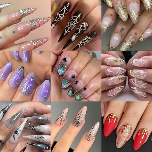 Halloween Nail Stickers Set - Laser Spider Web Design for 3D Nail Art - Black, White, Gold, Silver, 10 Sheets