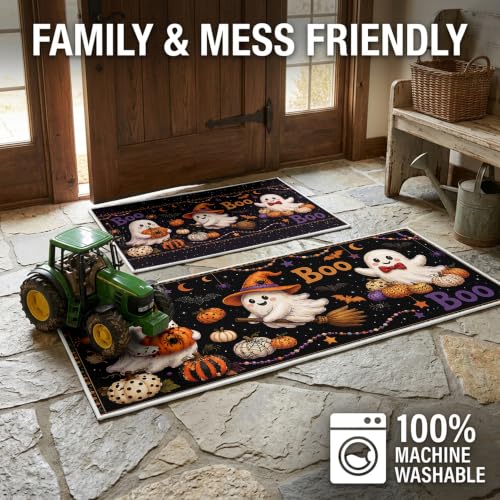 Halloween Doormat Set 2 Piece Cute Ghost with Pumpkin and Welcome Mat - Fall Holiday Decor