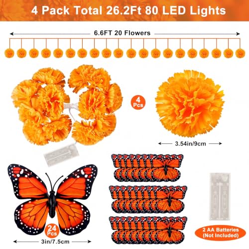 Orange Day of the Dead Decor Set with Lighted Marigold Garlands & Butterflies - 4 Pieces