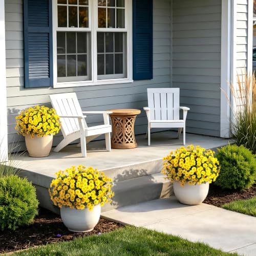 Artificial Fall Flowers Set - 12 Bundles UV-Resistant Fake Mums for Outdoor Decoration - 24 Yellow