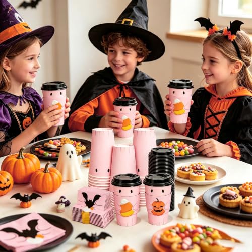 Disposable Coffee Cups with Lids & Sleeves - Pink Ghost Halloween 16 Oz - Pack of 60