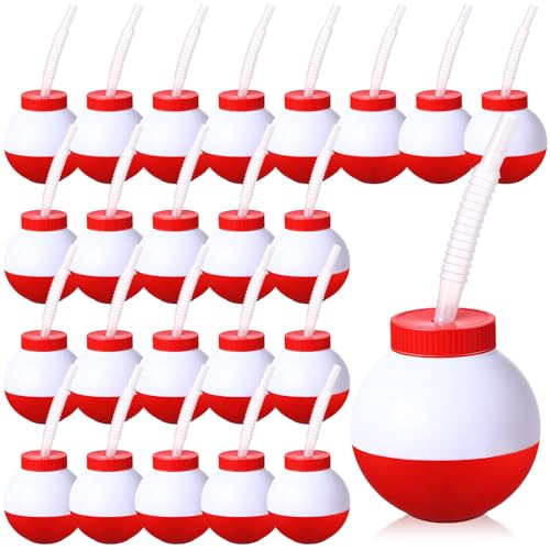 FillTouch 24 Fishing Bobbers Cups with Straws & Lids - 10 oz Kids Party Set