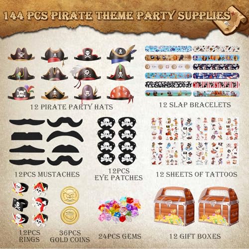 Pirate Party Favors Set for Kids - Treasure Chest, Tattoos, Hats & More