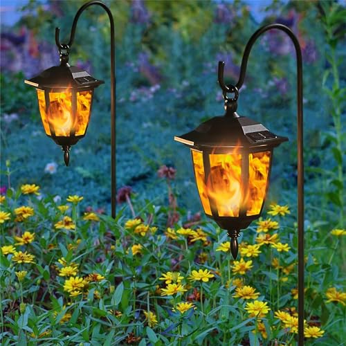 Warm White Solar Flickering Flame Hanging Lanterns - 6 Pack with Shepherd Hooks