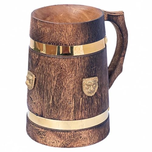 Handmade Wooden Beer Mug with Brass Lion Plate - Rustic 400ml Steing