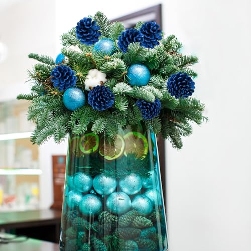 Blue Christmas Pine Cone Picks Set of 12 - Glitter Holiday Tree Decorations