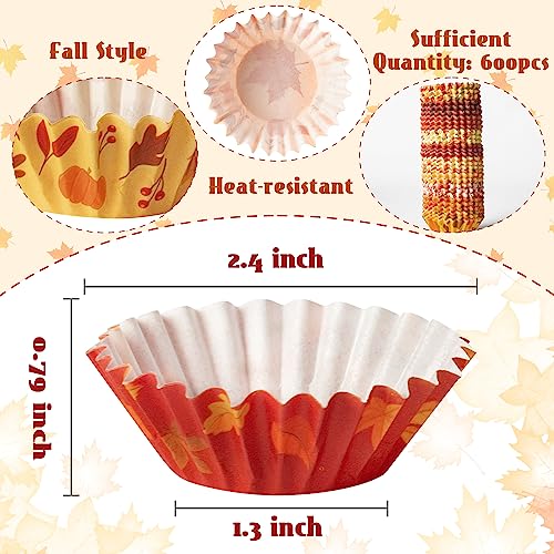 Fall Mini Cupcake Liners - 600 Pcs Autumn Pumpkin Maple Leaf Baking Cups - Thanksgiving Halloween Party Supplies