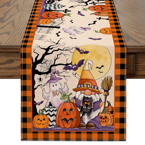 Halloween Gnome Table Runner - 13x72 Inch Orange Kitchen Decor