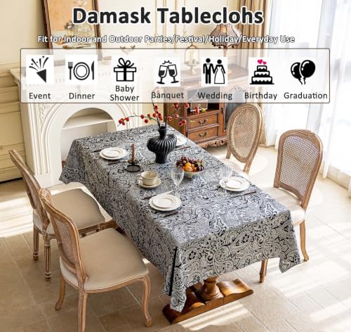 Black Damask Tablecloth for Rectangular Tables 57x102 Inches Waterproof & Wrinkle-Resistant