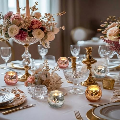 Votive Candle Holders Set - Speckled Mercury Glass with Tea Lights, Silver, 24 Pieces
