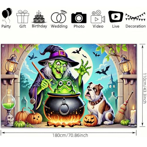 Halloween Haunted House Banner - Dog & Frog Scene, 71x43 in - Halloween Decor with Variation Halloween Decor#004