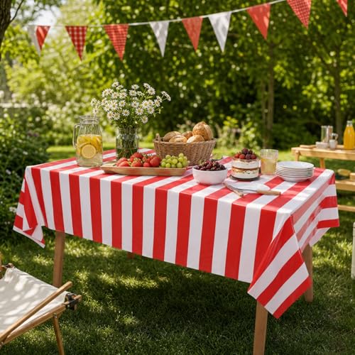 Red and White Striped Plastic Tablecloth 54x108 Inch - 3 Pack, Waterproof & Disposable - Horizontal Red Stripe