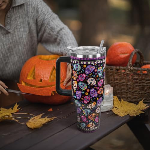 Halloween Day of the Dead Tumbler with Handle 40oz Sugar Skull Travel Mug - Multi Skull Variation