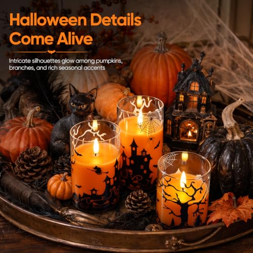 Homemory Halloween Flameless Candles Set of 3 - Orange Glass Shell Halloween Decor with Remote & Timer