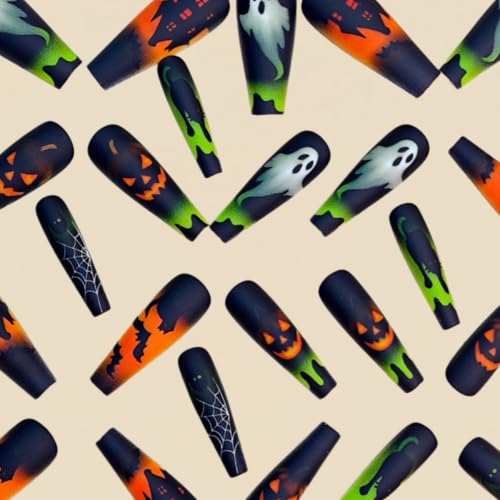 Halloween Press On Nails Long Square with Ghost Pumpkin Spider Web Cat - Style12