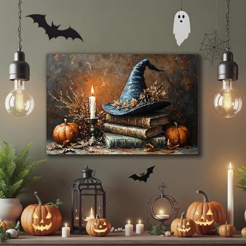 Halloween Canvas Wall Art Framed Poster - Witch Hat Pumpkin Fall 12x18 Variation 1