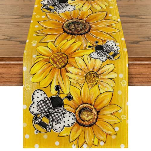 Yellow Sunflower Bee Flower Polka Dot Summer Table Runner 13x72 Inch - Home Decor