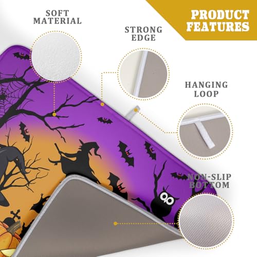 Halloween Pumpkin Dish Drying Mat for Kitchen Counter 18x24 Inch with Witch Ghost Castle Design - Purple Microfiber Drainer Mat