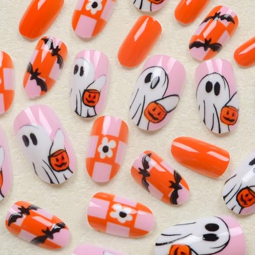 Halloween Press On Nails Short Almond Fake Nails 24 Pcs with Ghost Pumpkin Bat Flower Design - Nails-240