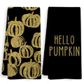 Fall Hello Pumpkin Black Kitchen Towels Set - Gold Pumpkin Decor, 16x24 Inch