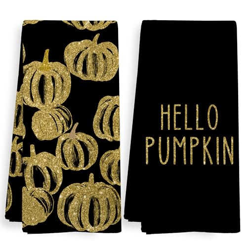 Fall Hello Pumpkin Black Kitchen Towels Set - Gold Pumpkin Decor, 16x24 Inch