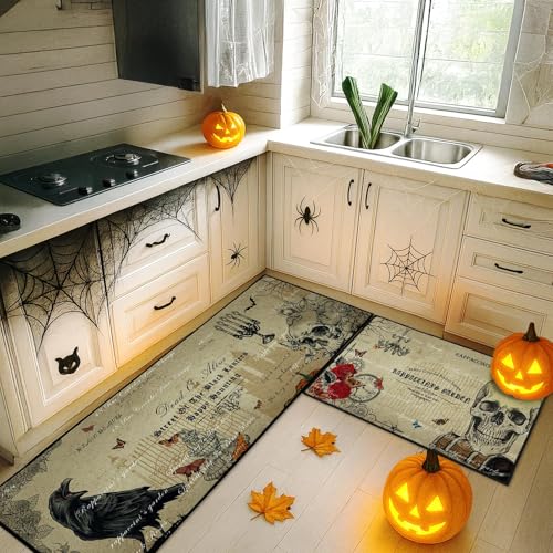 Autumn Halloween Gothic Skull Kitchen Rugs Set of 2 Non Slip Washable ArtSocket