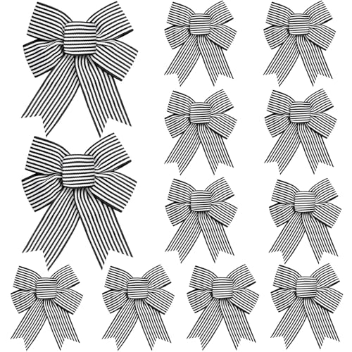 Christmas Bow Set - Black and White Striped Ribbons for Tree, Wreath & Gift Decor, 12 Pcs
